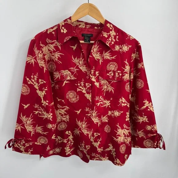Vtg Anne Carson Silk Blouse Womens M Red Gold Asian Inspired 3/4 Sleeve Tie Cuff - Picture 1 of 7